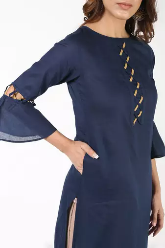cotton criss-cross bell sleeves straight kurta,navy blue,(s,m,l,xl,2xl,3xl)