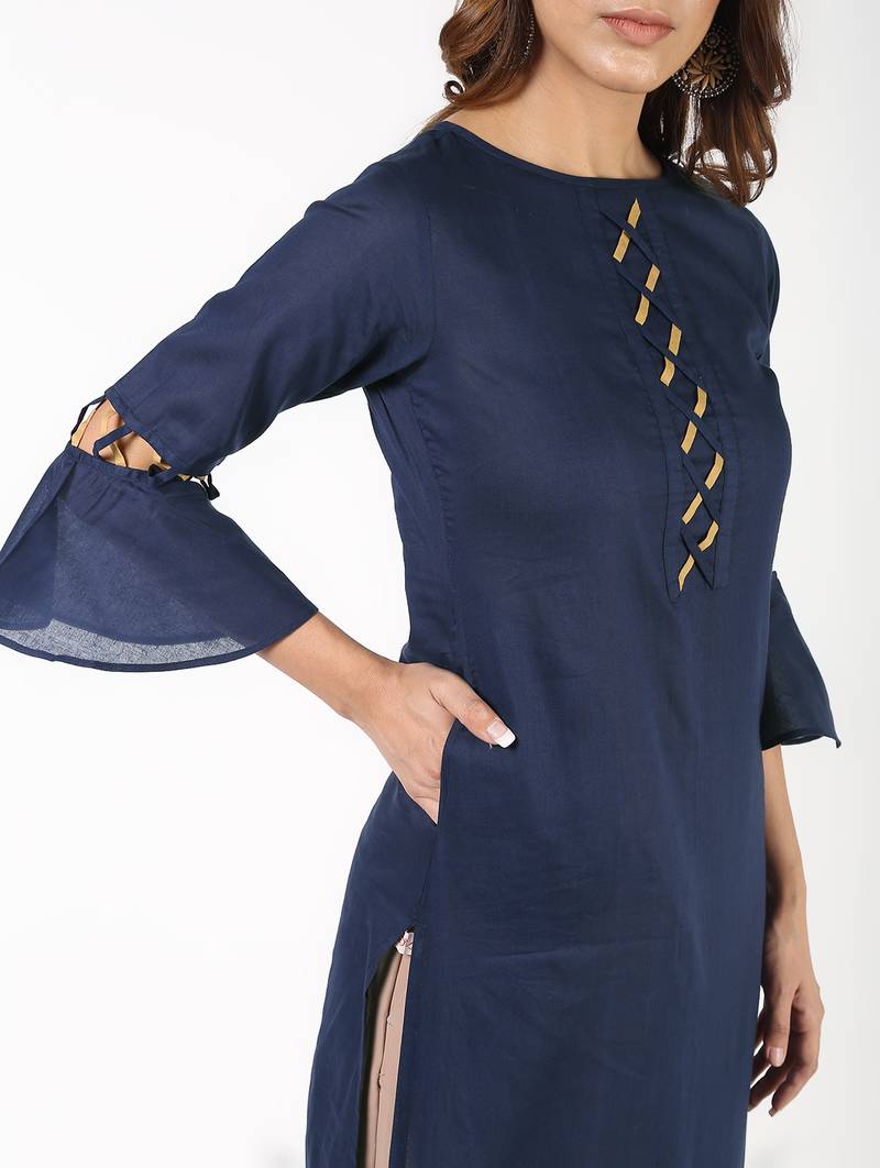 cotton criss-cross bell sleeves straight kurta,navy blue,(s,m,l,xl,2xl,3xl)