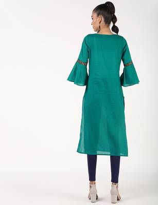 cotton bell sleeve solid straight kurta,turquoise,(s,m,l,xl,2xl,3xl) 3