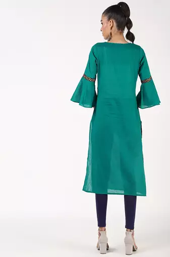 cotton bell sleeve solid straight kurta,turquoise,(s,m,l,xl,2xl,3xl)