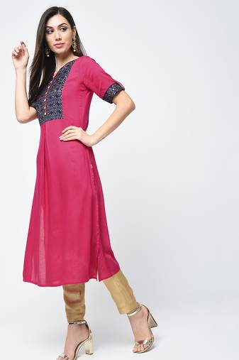 rayon block printed flared kurta magenta