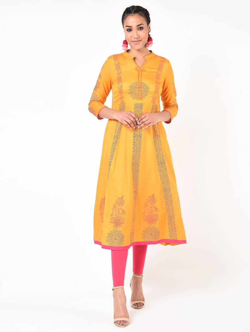 Rayon floral print anarkali kurta ,mustard,(s,m,l,xl,2xl,3xl)