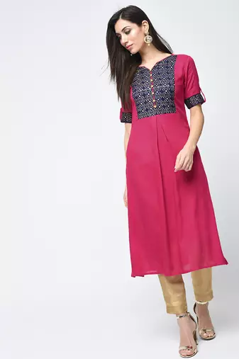 rayon block printed flared kurta,magenta,(s,m,l,xl,2xl,3xl)