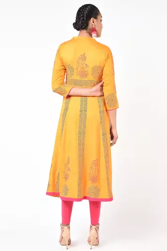 Rayon floral print anarkali kurta ,mustard,(s,m,l,xl,2xl,3xl)