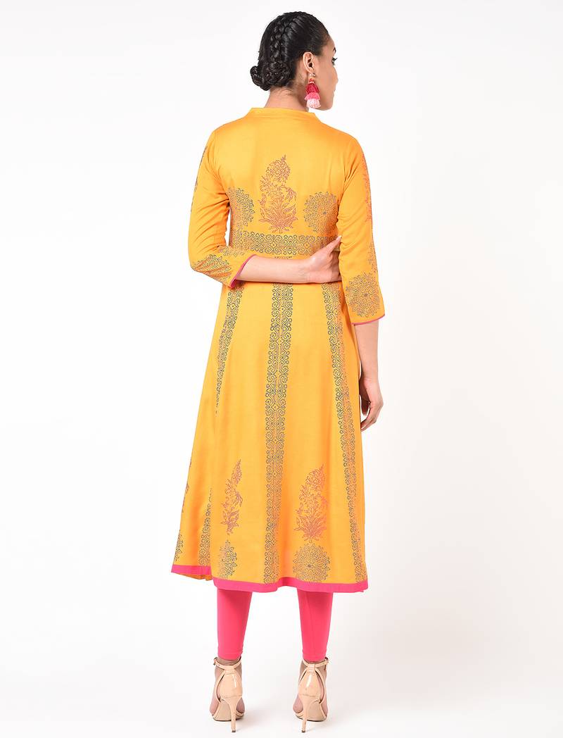 Rayon floral print anarkali kurta ,mustard,(s,m,l,xl,2xl,3xl)