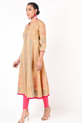 Cotton floral print anarkali kurta ,beige,(s,m,l,xl,2xl,3xl)