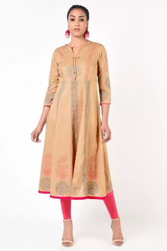 Cotton floral print anarkali kurta ,beige,(s,m,l,xl,2xl,3xl)