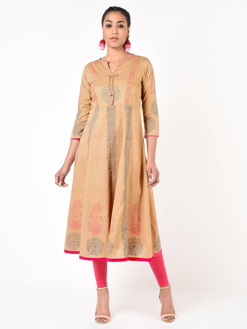 Cotton floral print anarkali kurta ,beige,(s,m,l,xl,2xl,3xl)