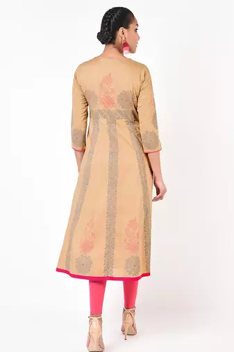 Cotton floral print anarkali kurta ,beige,(s,m,l,xl,2xl,3xl)