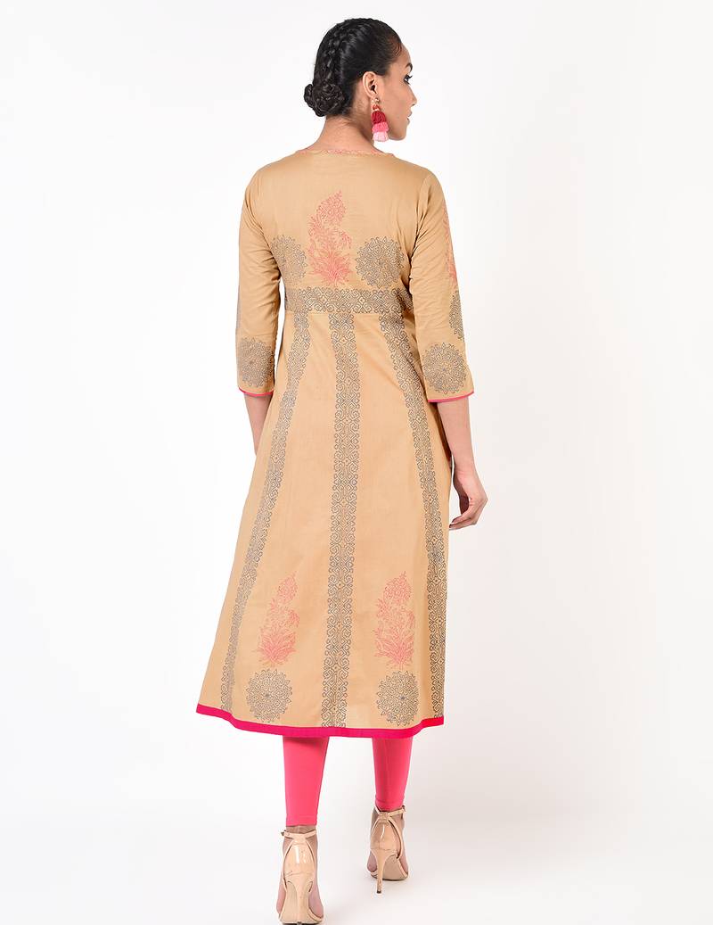 Cotton floral print anarkali kurta ,beige,(s,m,l,xl,2xl,3xl)