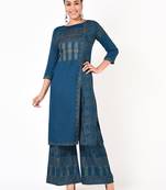 Rayon block print front slit straight kurta with palazzo set,blue,(s,m,l,xl,2xl,3xl)