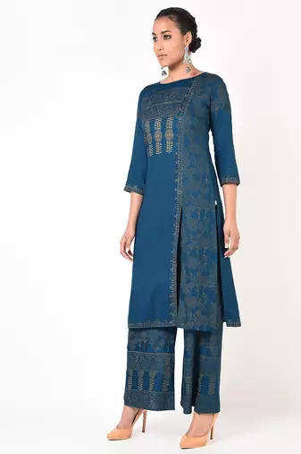 Rayon block print front slit straight kurta with palazzo set,blue,(s,m,l,xl,2xl,3xl)