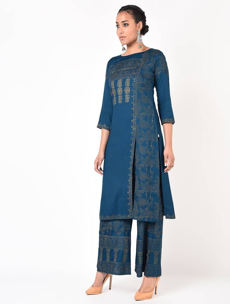 Rayon block print front slit straight kurta with palazzo set,blue,(s,m,l,xl,2xl,3xl)