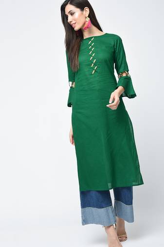 cotton criss-cross bell sleeves straight kurta green