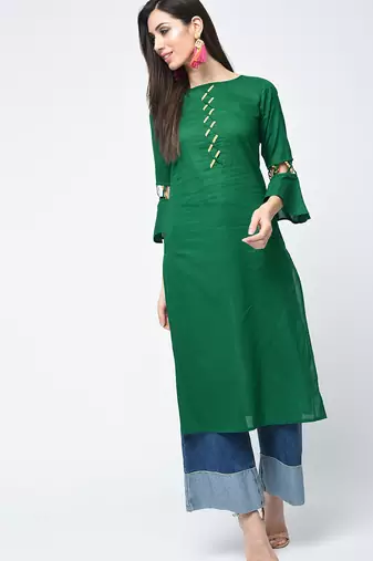 cotton criss-cross bell sleeves straight kurta,green,(s,m,l,xl,2xl,3xl)
