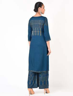 Rayon block print front slit straight kurta with palazzo set,blue,(s,m,l,xl,2xl,3xl) 3