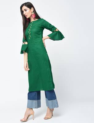 cotton criss-cross bell sleeves straight kurta,green,(s,m,l,xl,2xl,3xl) 2