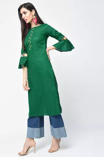 cotton criss-cross bell sleeves straight kurta,green,(s,m,l,xl,2xl,3xl)