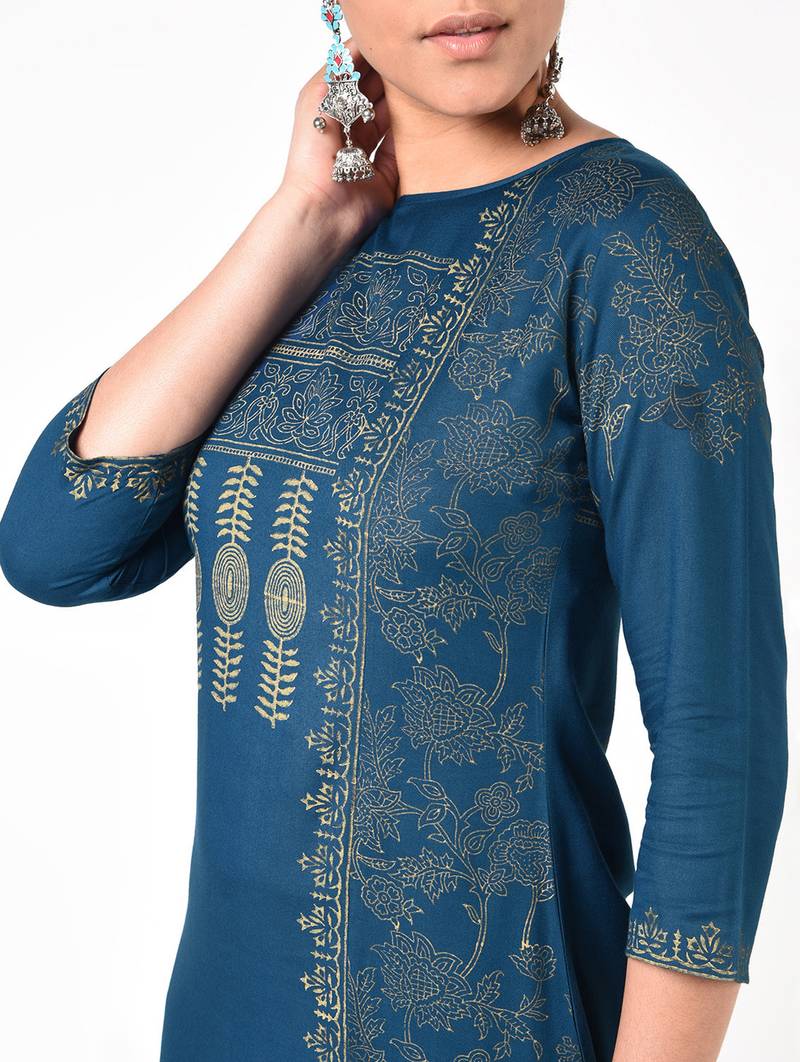 Rayon block print front slit straight kurta with palazzo set,blue,(s,m,l,xl,2xl,3xl)