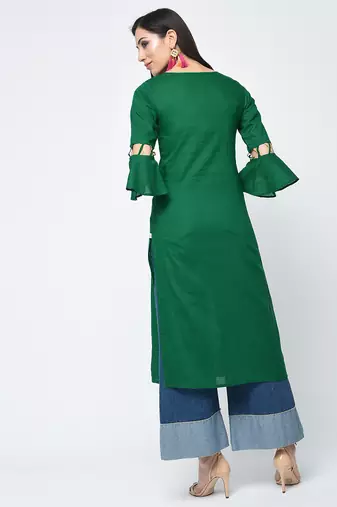 cotton criss-cross bell sleeves straight kurta,green,(s,m,l,xl,2xl,3xl)