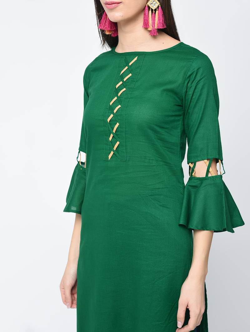 cotton criss-cross bell sleeves straight kurta,green,(s,m,l,xl,2xl,3xl)
