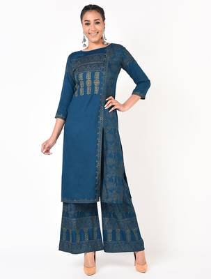 rayon block print front slit straight kurta,blue,(s,m,l,xl,2xl,3xl) 1