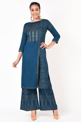 rayon block print front slit straight kurta blue