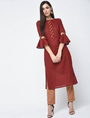 cotton criss-cross bell sleeves straight kurta,maroon,(s,m,l,xl,2xl,3xl) 1
