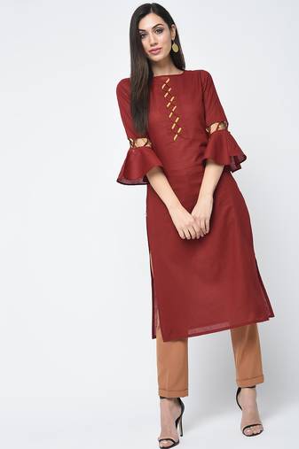 cotton criss-cross bell sleeves straight kurta maroon