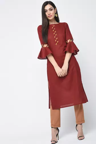 cotton criss-cross bell sleeves straight kurta,maroon,(s,m,l,xl,2xl,3xl)