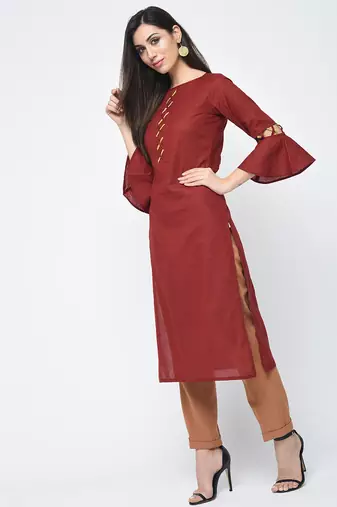 cotton criss-cross bell sleeves straight kurta,maroon,(s,m,l,xl,2xl,3xl)