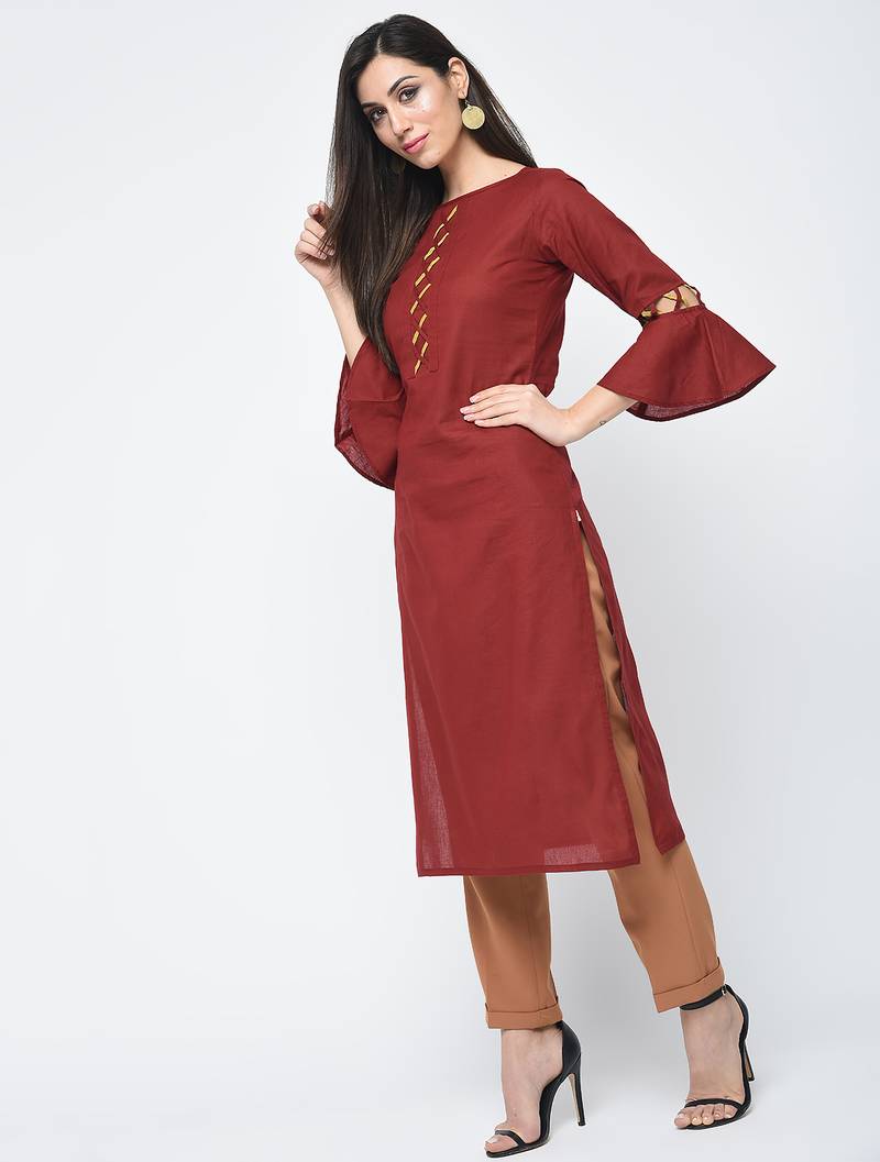 cotton criss-cross bell sleeves straight kurta,maroon,(s,m,l,xl,2xl,3xl)
