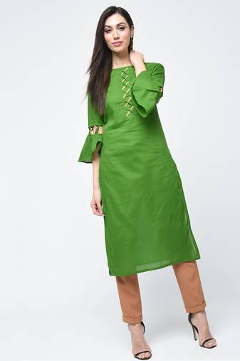 cotton criss-cross bell sleeves straight kurta green