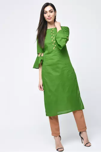 cotton criss-cross bell sleeves straight kurta,green,(s,m,l,xl,2xl,3xl)