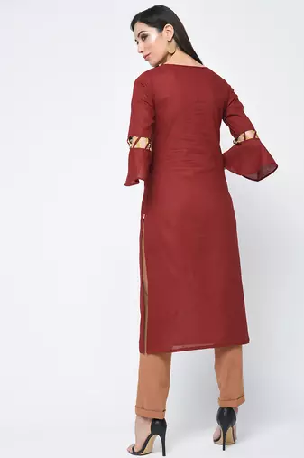 cotton criss-cross bell sleeves straight kurta,maroon,(s,m,l,xl,2xl,3xl)