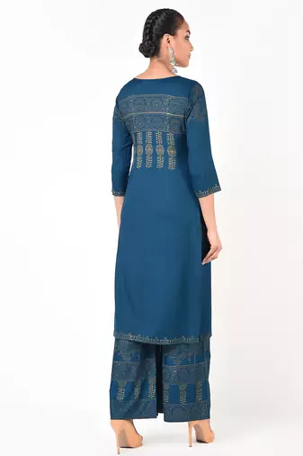 rayon block print front slit straight kurta,blue,(s,m,l,xl,2xl,3xl)