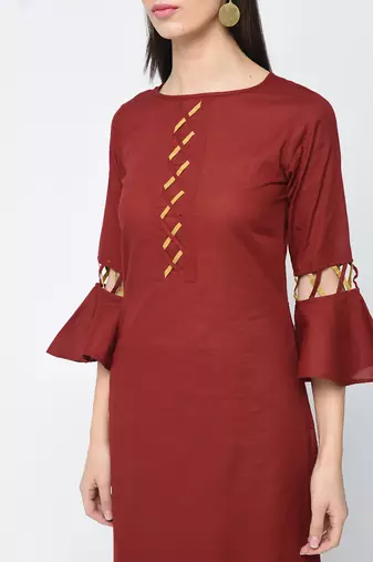 cotton criss-cross bell sleeves straight kurta,maroon,(s,m,l,xl,2xl,3xl)