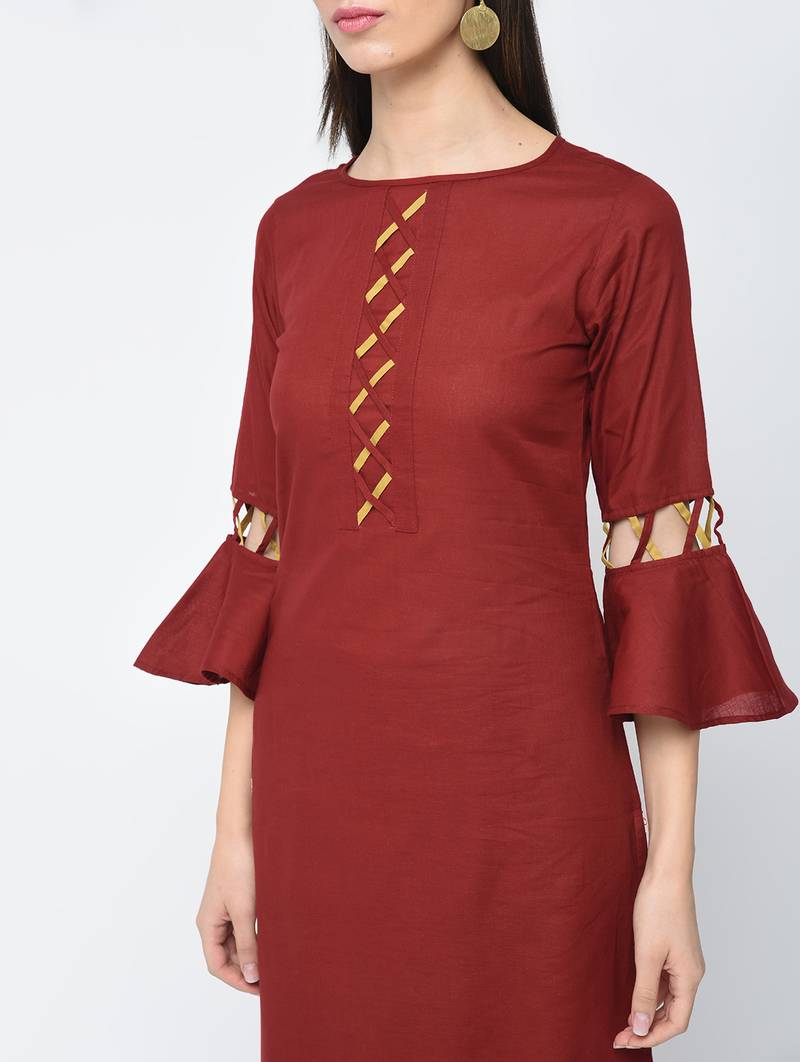 cotton criss-cross bell sleeves straight kurta,maroon,(s,m,l,xl,2xl,3xl)