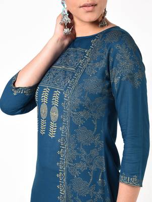 rayon block print front slit straight kurta,blue,(s,m,l,xl,2xl,3xl) 4