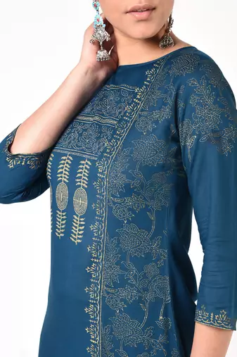 rayon block print front slit straight kurta,blue,(s,m,l,xl,2xl,3xl)