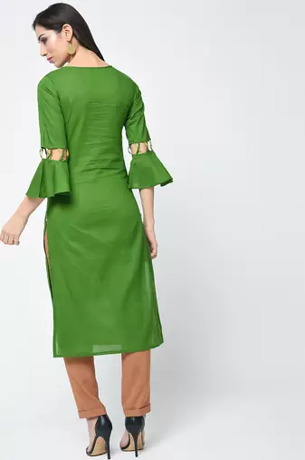 cotton criss-cross bell sleeves straight kurta,green,(s,m,l,xl,2xl,3xl)