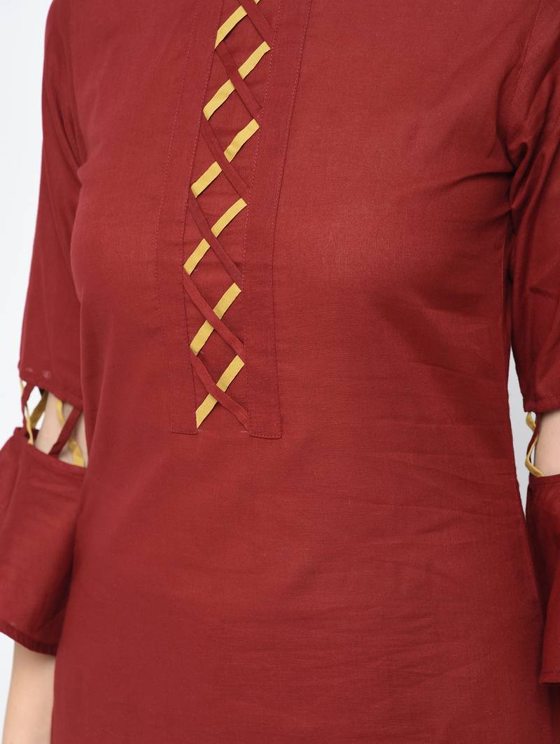 cotton criss-cross bell sleeves straight kurta,maroon,(s,m,l,xl,2xl,3xl)