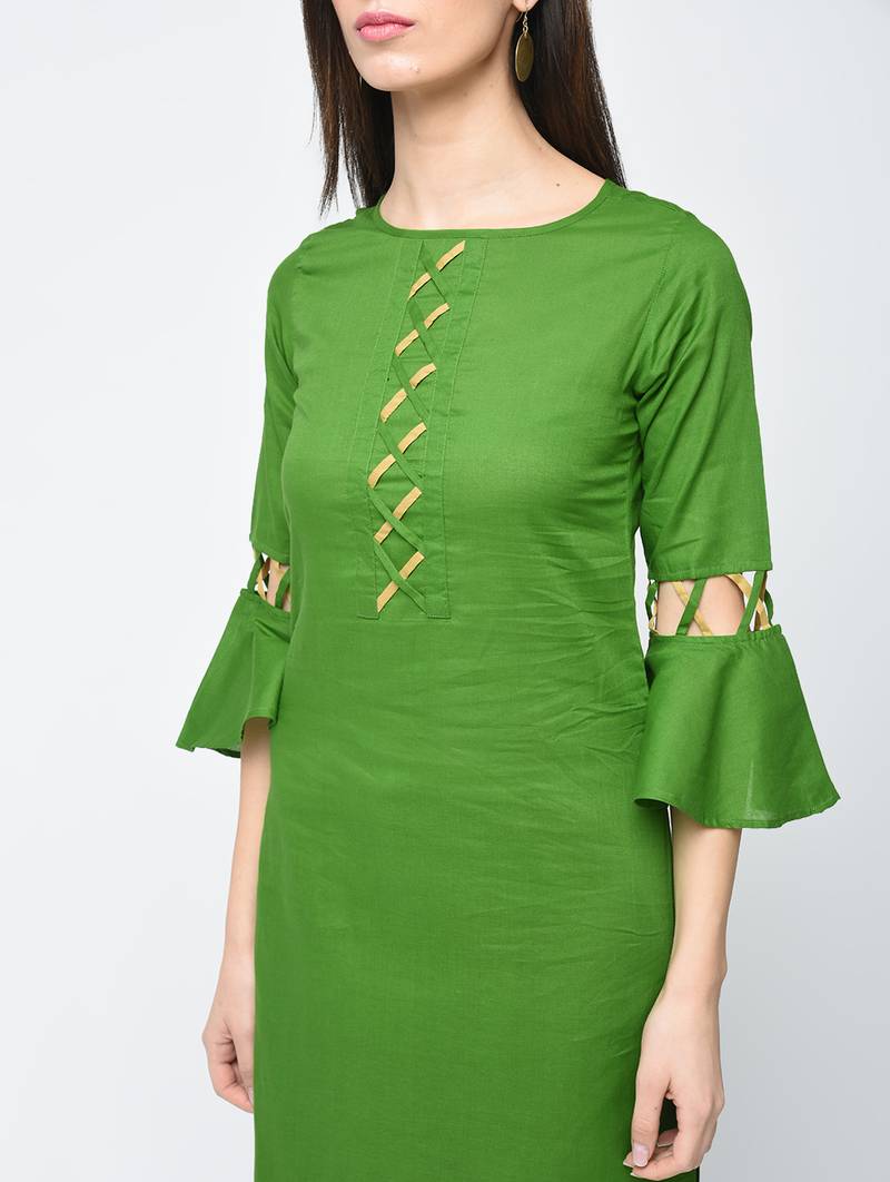 cotton criss-cross bell sleeves straight kurta,green,(s,m,l,xl,2xl,3xl)