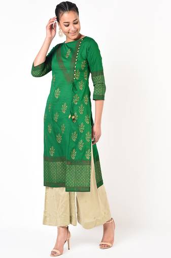 cotton gold print straight kurta green