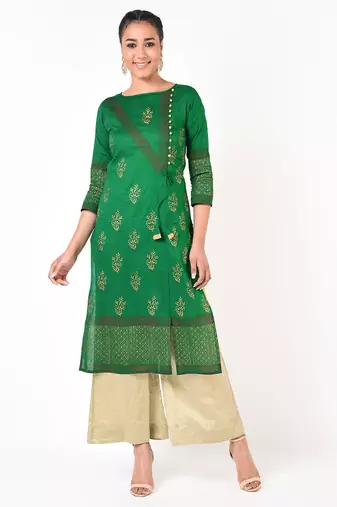 cotton gold print straight kurta,green,(s,m,l,xl,2xl,3xl)