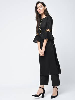 cotton criss-cross bell sleeves straight kurta,black,(s,m,l,xl,2xl,3xl) 1
