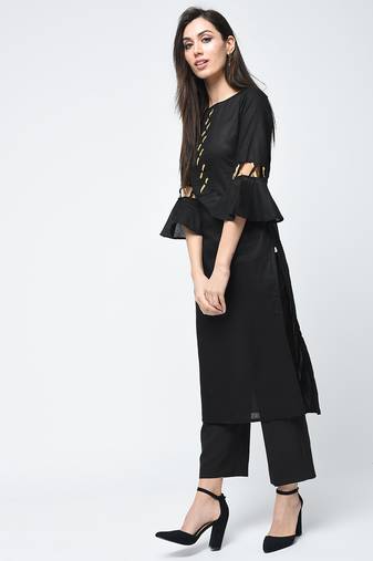 cotton criss-cross bell sleeves straight kurta black