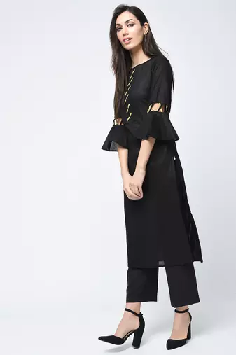 cotton criss-cross bell sleeves straight kurta,black,(s,m,l,xl,2xl,3xl)