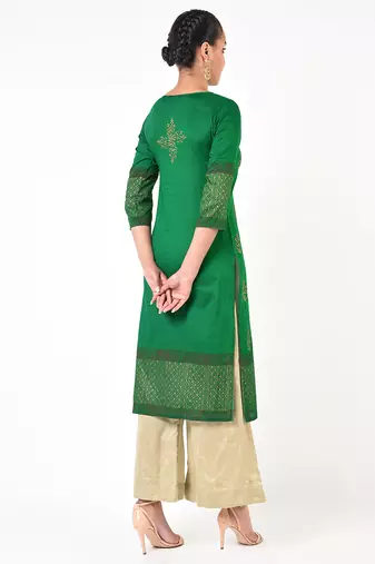 cotton gold print straight kurta,green,(s,m,l,xl,2xl,3xl)
