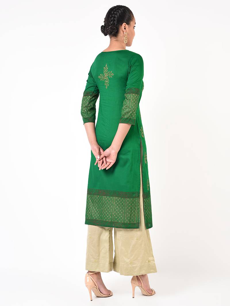 cotton gold print straight kurta,green,(s,m,l,xl,2xl,3xl)